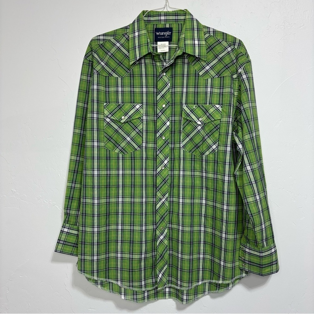 Wrangler Pearl Snap Western Shirt Men's Green Plaid 16 1/2 x 34 Cotton Blend
